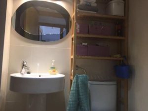 Vista de lavabo con mueble de baño y espejo
